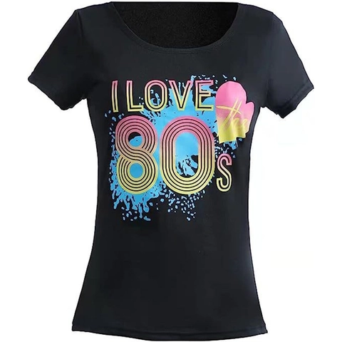 Maglietta da Donna 80s Retro I Love 80s Stampata Manica Corta Girocollo Nero Casual Party Top Slim Streetwear