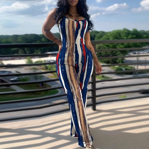 Women Casual Abstract Print Jumpsuit Sleeveless Spaghetti Strap High Waist Flared Jumpsuit Artistic Stripe Slim Fit Long Jumpsuit