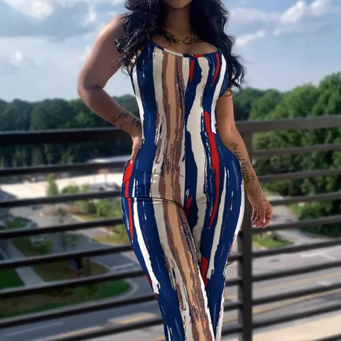 Women Casual Abstract Print Jumpsuit Sleeveless Spaghetti Strap High Waist Flared Jumpsuit Artistic Stripe Slim Fit Long Jumpsuit