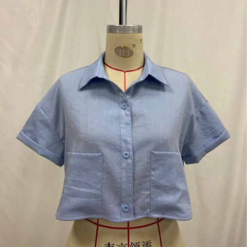 Blusa Corta de Manga Corta de Verano para Mujer Color Sólido Camisa de Solapa Con Bolsillos Informal Holgada Top Con Botones Moda para Mujer