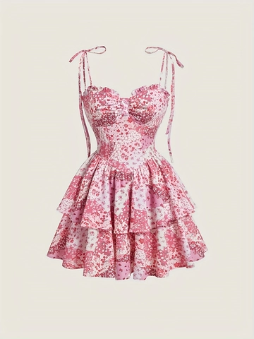 Abito Mini da Donna Rosa a Fiori con Spalline Sottili Dolce Intreccio a Balze Senza Maniche Estivo da Vacanza