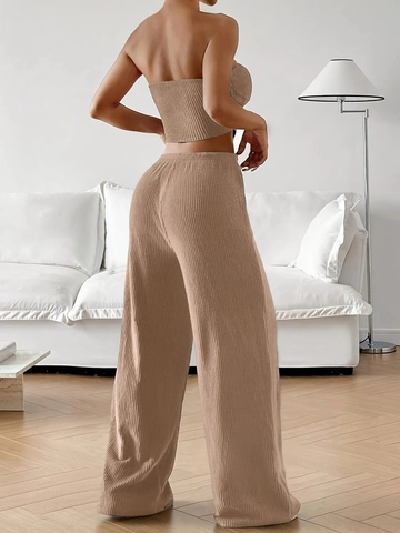 Top E Pantaloni a Costine da Donna Con Top a Fascia Increspato E Pantaloni a Gamba Larga Completo Estivo Casual Khaki