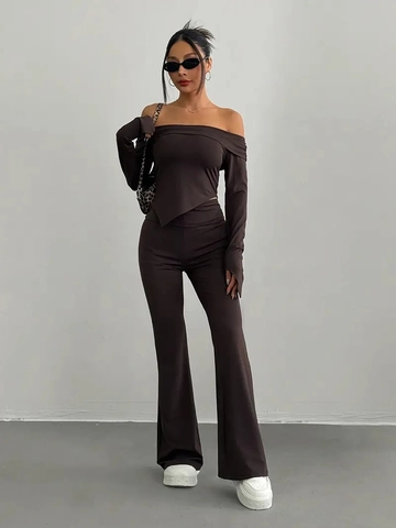 Haut à Épaules Dénudées Manches Longues Ourlet Irrégulier Et Pantalon Évasé Taille Haute Tricot Polyester Élasthanne Décontracté