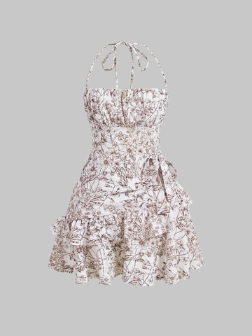 Women Halter Floral Mini Dress Ruffle Layered Cake Skirt Backless Sexy Summer Vacation Boho Chic Sleeveless Sundress