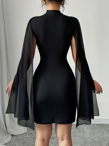 Women's Sexy Bodycon Mini Dress With Elegant Chiffon Cape Sleeves High Neck Ribbed Knit Party Club Cocktail Short Dress