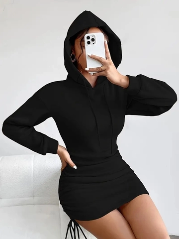 Women's Sexy Bodycon Hoodie Mini Dress Solid Color Ruched Drawstring Long Sleeve Slim Fit Casual Sweatshirt Dress For Autumn Winter