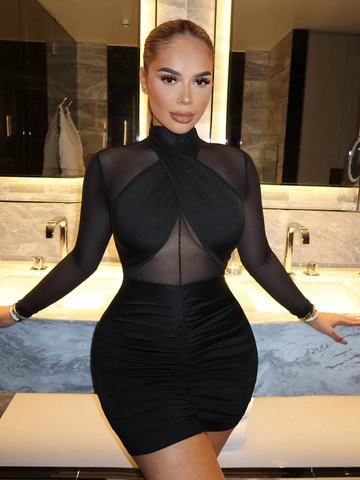 Women Sexy Ruched Bodycon Dress Mesh Long Sleeve Cross Halter Neck Slim Fit Mini Dress Elegant Evening Party Clubwear Black