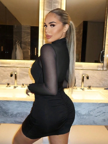 Women Sexy Ruched Bodycon Dress Mesh Long Sleeve Cross Halter Neck Slim Fit Mini Dress Elegant Evening Party Clubwear Black