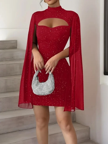 Women Sequin Glitter Cape Sleeve Mini Dress Elegant Cutout Mock Neck Bodycon Dress Evening Party Banquet Cocktail Dress