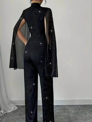 Women Elegant Sequin High Neck Jumpsuit Chiffon Cape Sleeves Slim Fit Wide Leg Black Romper Evening Party Dressy Wear