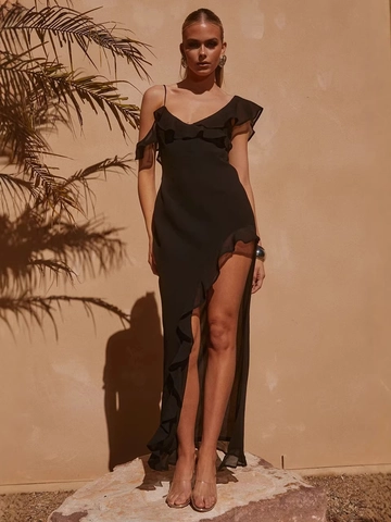 Women Sexy Black Chiffon Ruffle Maxi Dress V Neck Backless High Slit Asymmetrical Elegant Vacation Party Long Strap Dress