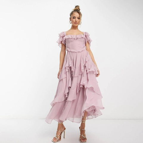 Women Elegant Ruffle Chiffon Maxi Dress Layered Cake Skirt Backless Square Neck Party Evening Wedding Guest Gown