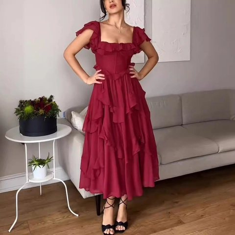 Women Elegant Ruffle Chiffon Maxi Dress Layered Cake Skirt Backless Square Neck Party Evening Wedding Guest Gown