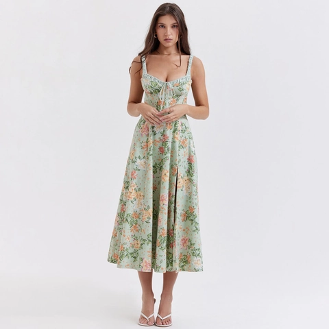 Dames Franse Vintage Bloemen Midi Jurk Slip Split Bustier Gerimpeld Veters A-lijn Zomer Vakantie Feestjurk