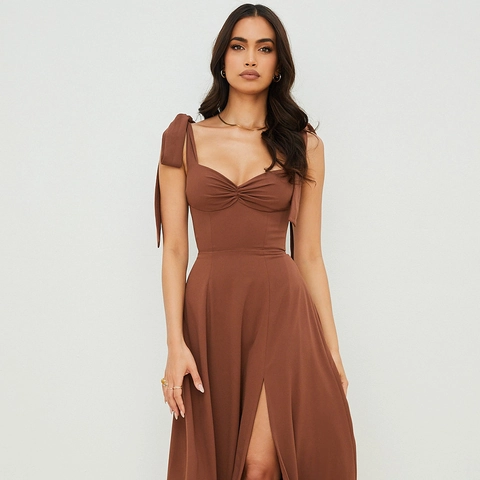 French Elegant Sweetheart Neck Midi Dress Elastic Polyester Bow Tie Straps High Slit Sexy Party Vacation Dress For Women