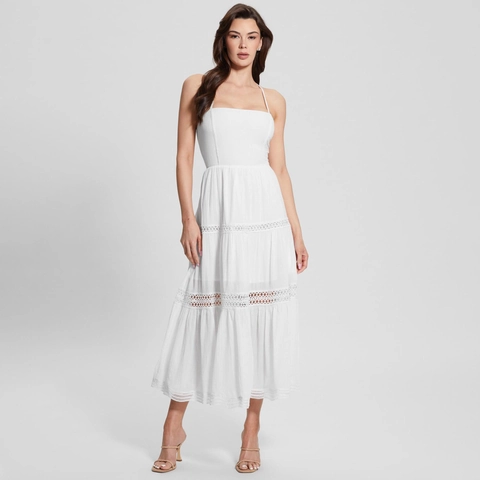 Women Sexy White Spaghetti Strap Backless Tiered Maxi Dress Elegant Lace Hollow Out Tiered Party Evening Beach Long Dress
