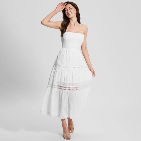 Women Sexy White Spaghetti Strap Backless Tiered Maxi Dress Elegant Lace Hollow Out Tiered Party Evening Beach Long Dress
