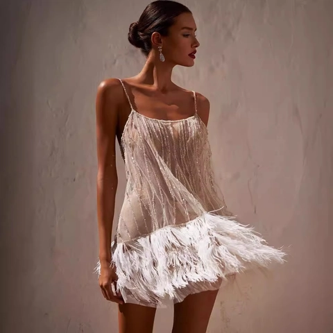 Abito Mini da Donna Sexy con Paillettes e Piume con Spalline Sottili Senza Schienale Patchwork in Rete Bodycon per Feste