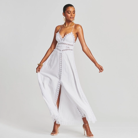 Damen Elegant Weißes Maxikleid Mit Spitzenstickerei V-Ausschnitt Rückenfrei Schnürung Hohl Boho Urlaub Langes Kleid