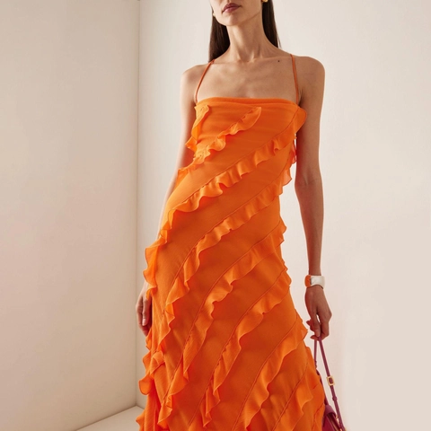 Abito Lungo Sexy Donna Con Volant Spacco Laterale Schiena Scoperta Stringato Chiffon Estate Festa Banchetto Vestito