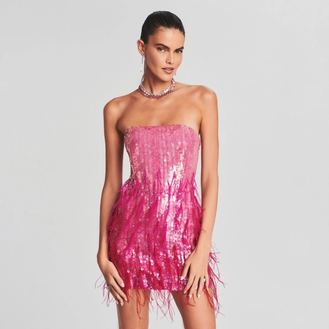 Damen Sexy Hot Pink Pailletten Tube Top Mini Kleid Mit Federbesatz Rückenfrei Bodycon Party Abend Formelle Clubwear Kleid