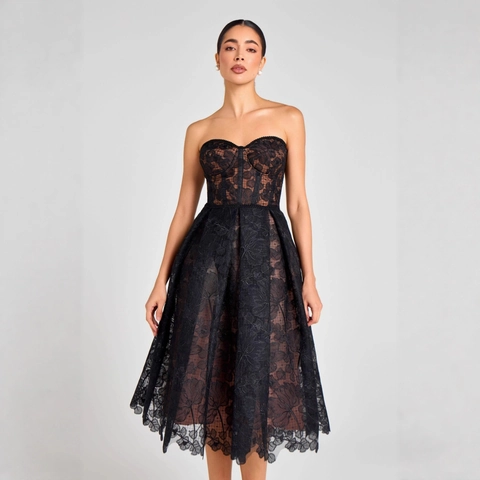 Dames Elegante Bloemen Kant Corset Midi Jurk Strapless Mouwloos A-Lijn Avondfeest Jurk Bruiloft Gast Vakantie Jurk