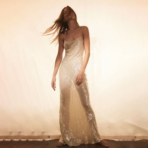 Abito Lungo Scintillante con Paillettes Spalline Sottili Schiena Scoperta Elegante Aderente Lunghezza al Pavimento per Festa Donna