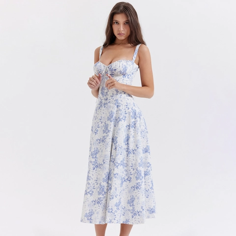 Women's Spaghetti Strap Midi Dress French Vintage Corset Style Slit Floral Solid Slim Fit Cotton Blend Vacation Dress