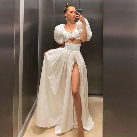 Elegante Dames Set Pofmouwen V-hals Crop Top En Geplooide Maxi Rok Met Hoge Split Formele Party Avondjurk