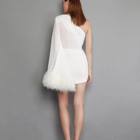 Donna Elegante Bianco Monospalla Piuma Manica Lunga Minivestito Increspato Bodycon Party Abito da Sera per Banchetto Appuntamento