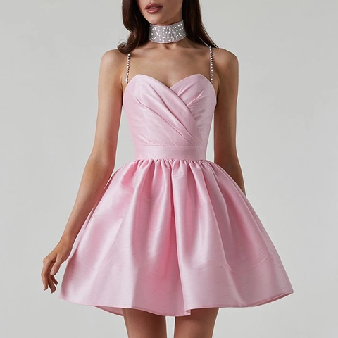 Damen Elegant Satin Raffung Mini Kleid Mit Strass-Träger Herz-Ausschnitt A-Linie Puffig Party Cocktail Abschlussball Kleid