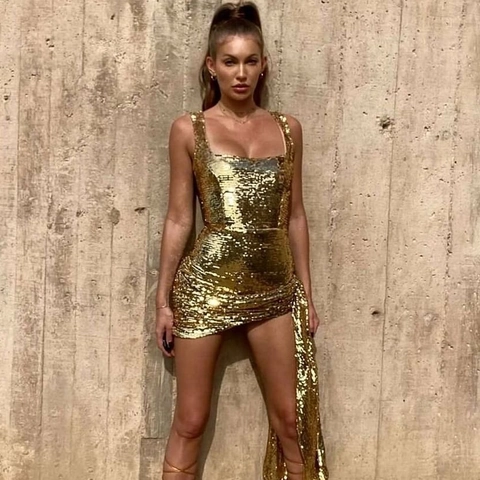 Abito da Donna Oro Paillettes Sexy Scollo Quadrato Bodycon Mini Senza Maniche Arricciato Abito da Sera Festa Con Drappeggio