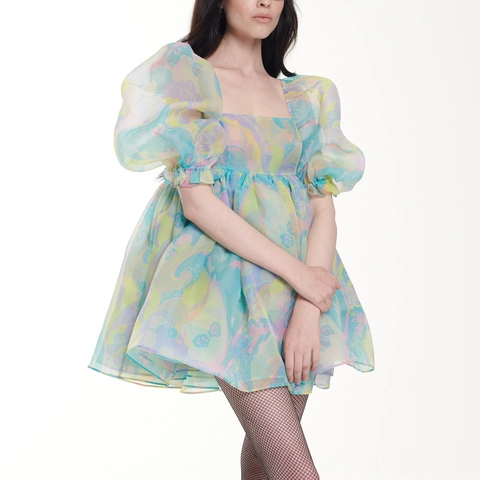 Women Vintage Organza Puff Sleeve Dress Sweet Macaron Floral Print Square Neck High Waist Layered Cake Mini Dress