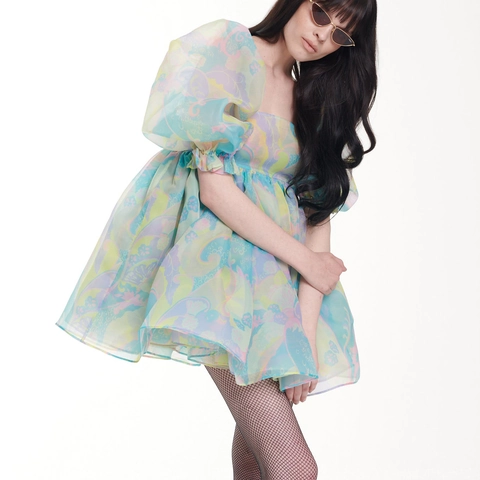 Women Vintage Organza Puff Sleeve Dress Sweet Macaron Floral Print Square Neck High Waist Layered Cake Mini Dress