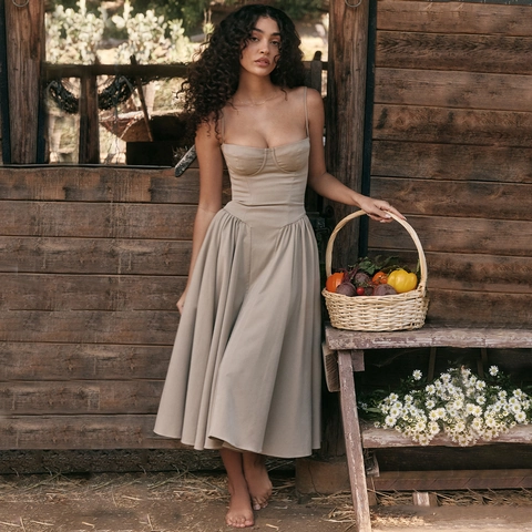 Damen Vintage Korsett Midi Kleid Elegant Spaghettiträger Plissee A-Linie Sexy Rückenfrei Französisch Pastoral Stil Cocktail Party Kleid