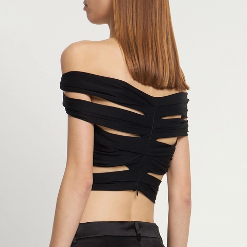Damen Sexy Off-Shoulder 3D Rosenblüte Crop Top Hohl Aus Trägerlos Slim Fit Party Clubwear Mode Schwarz Top