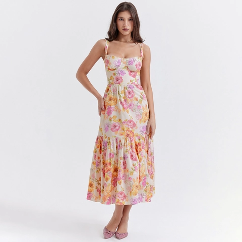 Abito Midi a Canotta Floreale Vintage Francese Donna Scollo a Cuore Stile Corsetto Orlo a Volant Balze Vestito Estivo