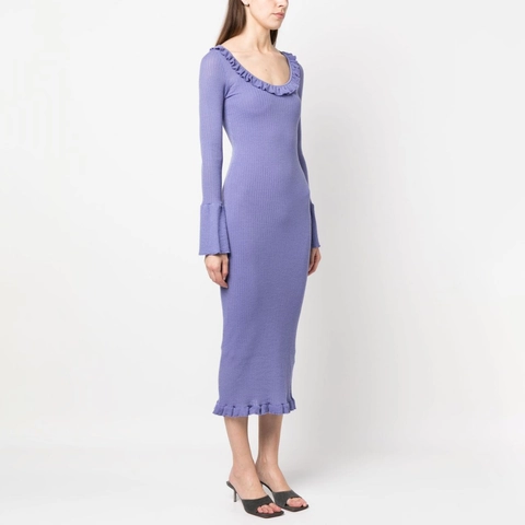 Vestito Midi a Maglia Elegante Francese Donna Blu Viola Maniche a Campana Costine Slim Fit Manica Lunga
