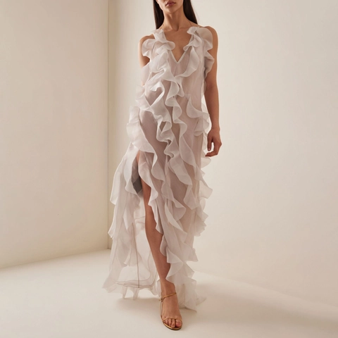 Abito Maxi da Donna Elegante con Volant Scollo a V Profondo Schiena Scoperta Sexy Chiffon Halter Orlo Asimmetrico Lungo Festa