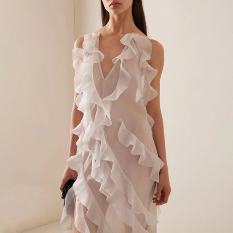 Abito Maxi da Donna Elegante con Volant Scollo a V Profondo Schiena Scoperta Sexy Chiffon Halter Orlo Asimmetrico Lungo Festa