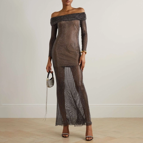 Schulterfrei Langarm Glitzer Mesh Maxikleid Sexy Durchsichtig Strass Abendkleid Für Damen Party Hochzeit Ausgehen