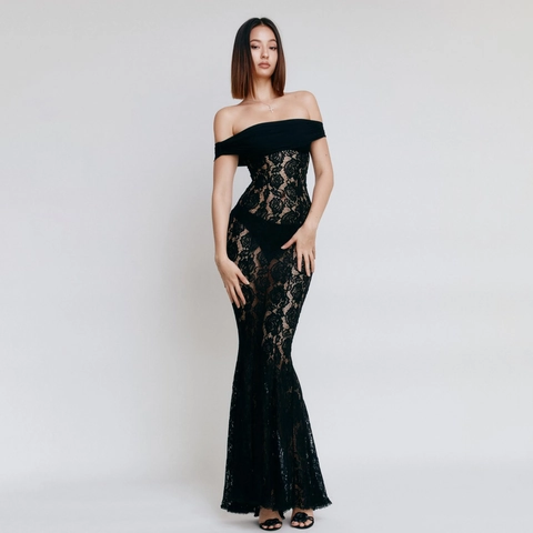 Abito da Donna Sexy Nero Pizzo Floreale Scollo a Barca Sirena Maxi Abito da Sera Festa Formale Senza Maniche Aderente