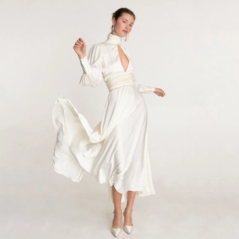 Elegante Witte Satijnen Rugloze Lange Jurk Voor Dames Sexy Hoge Hals Pofmouwen Opengewerkt Geplooid Bruiloft Feest Jurk