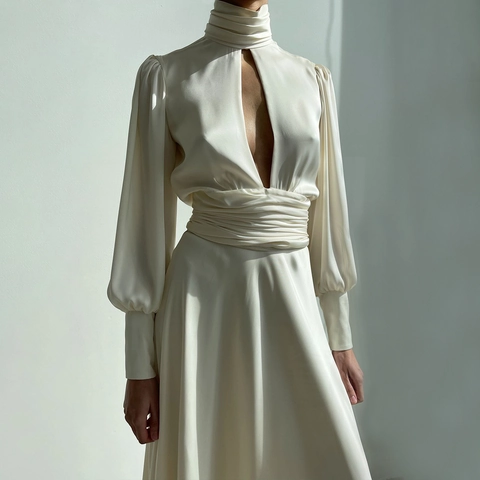 Elegante Witte Satijnen Rugloze Lange Jurk Voor Dames Sexy Hoge Hals Pofmouwen Opengewerkt Geplooid Bruiloft Feest Jurk