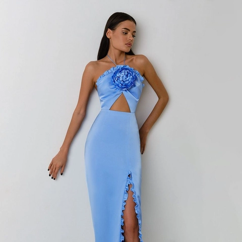 Women Elegant Halter Neck 3D Flower Cutout Maxi Dress High Split Ruffle Satin Party Evening Gown Special Occasion Dress