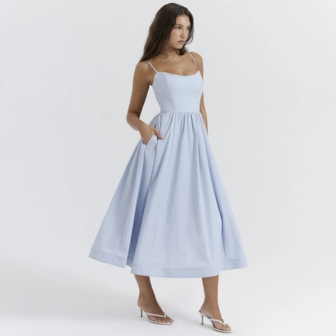 Women Spaghetti Strap Midi Dress Square Neck Backless Pleated A-Line Swing Elegant Solid Color Sundress Party Dress