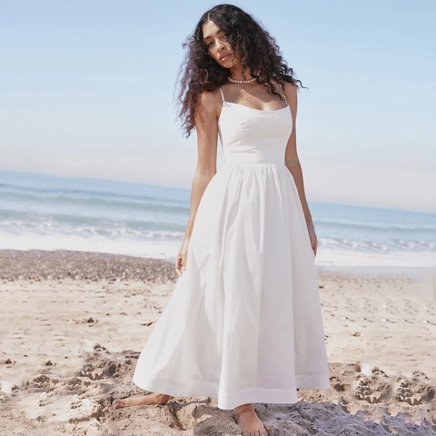 Women Spaghetti Strap Midi Dress Square Neck Backless Pleated A-Line Swing Elegant Solid Color Sundress Party Dress