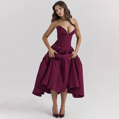 Elegantes Trägerloses Maxikleid Mit Tiefem V-Ausschnitt Korsett Gerafft Slim Fit A-Linie Abendkleid Mit Taschen Für Party Damen