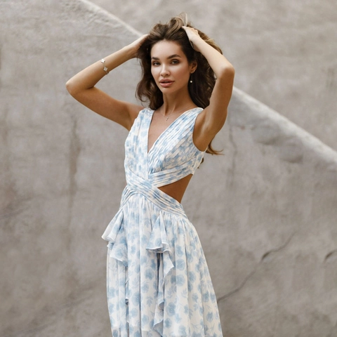 Vestito Lungo da Donna Sexy a Fiori Scollo a V Profondo Senza Maniche Ritaglio Volant Spacco Alto Estate Vacanza Party