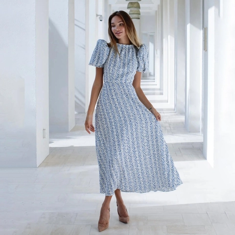 Women's Elegant Blue Floral Print Maxi Dress Summer Puff Short Sleeve High Waist Round Neck A-Line Dress Vacation Party